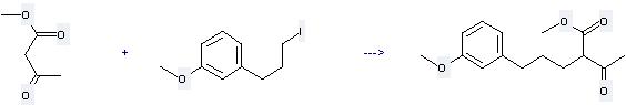 Butanoic acid, 3-oxo-,methyl ester can be used to produce 2-acetyl-5-(3-methoxy-phenyl)-pentanoic acid methyl ester by heating